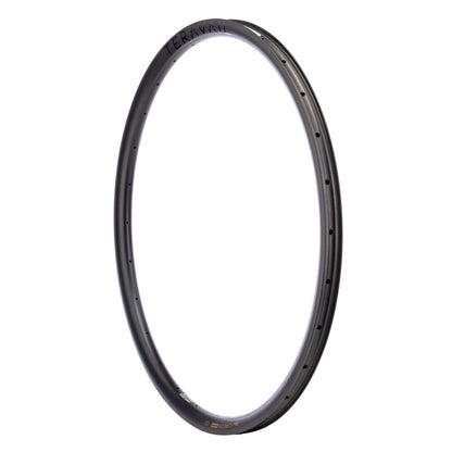 A black carbon fiber bicycle wheel rim shown upright against a solid white background, displaying its deep cross-section and spoke holes.