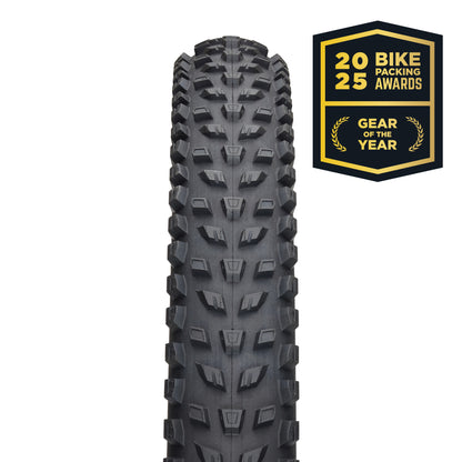 Teravail Clifty Tire straight on tread view with 2025 Bikepacking Awards, Gear of the Year logo in upper left on white background