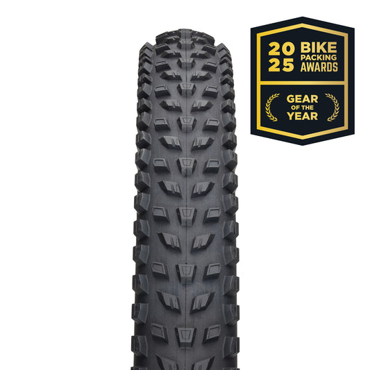 Teravail Clifty Tire straight on tread view with 2025 Bikepacking Awards, Gear of the Year logo in upper left on white background