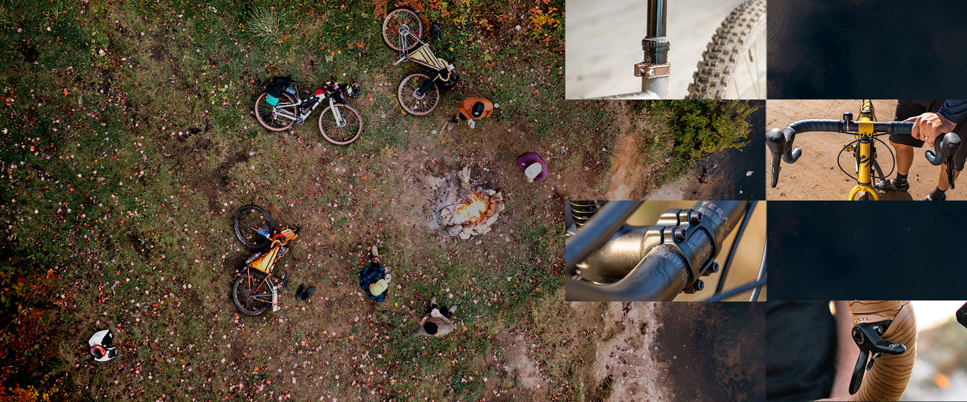 Top-down view of people around a campfire with close-up shots of bicycles and bike parts.
