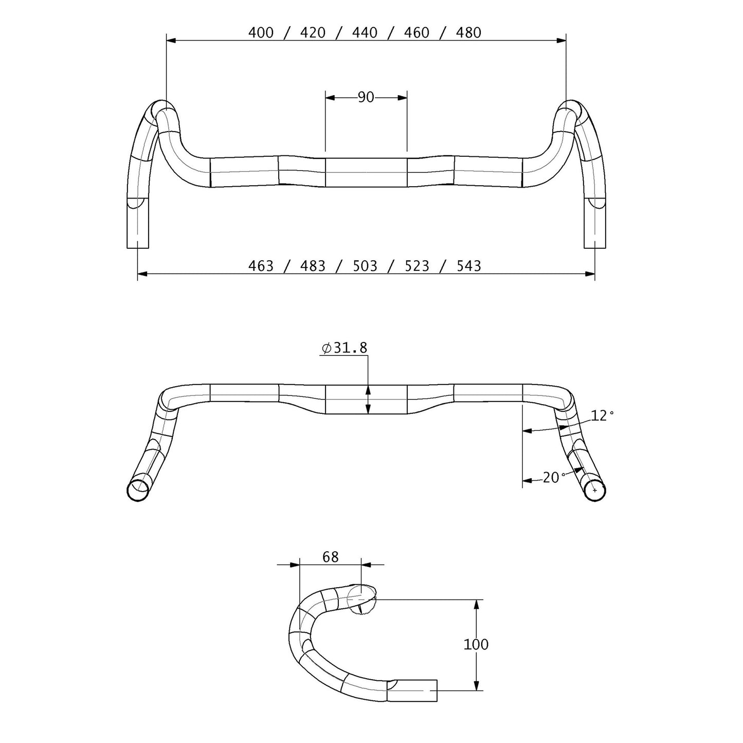 Technical drawing of a bicycle handlebar with dimensions