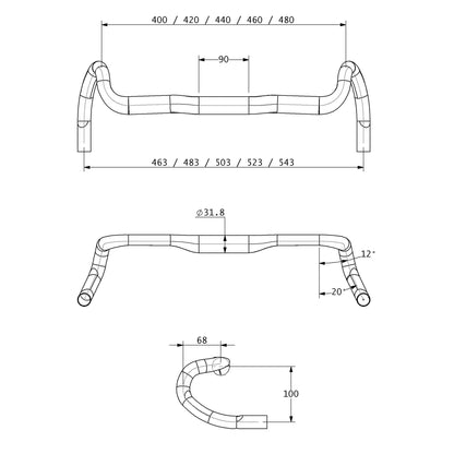 Technical drawing of a bicycle handlebar with dimensions