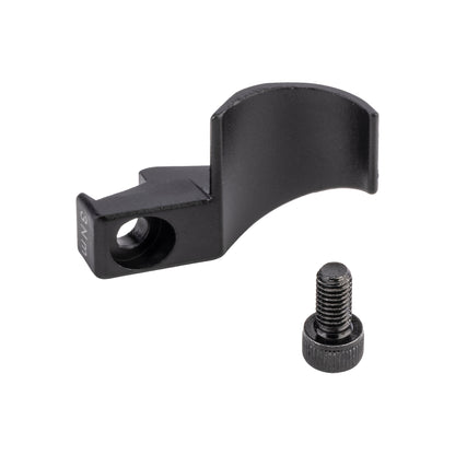 Black metal clip with a screw on a white background