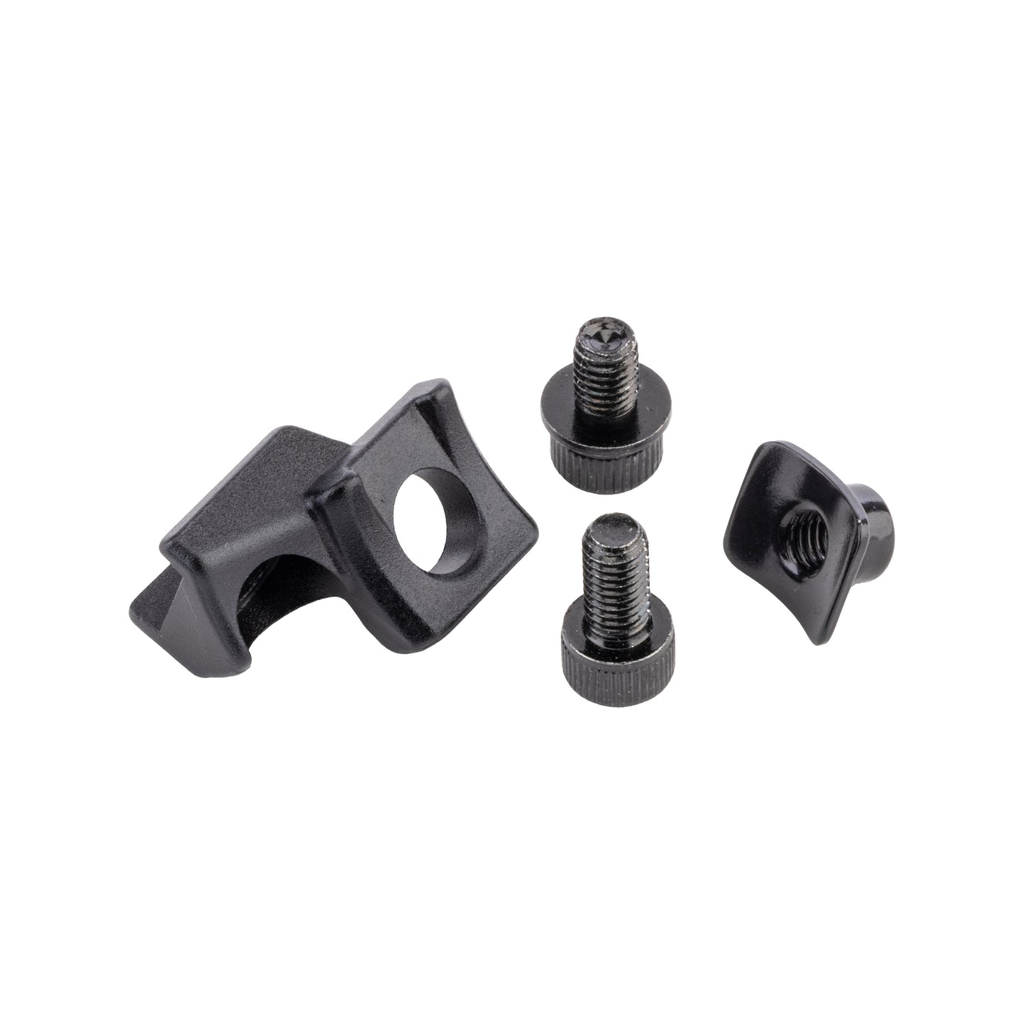 Set of black metal hardware components on a white background
