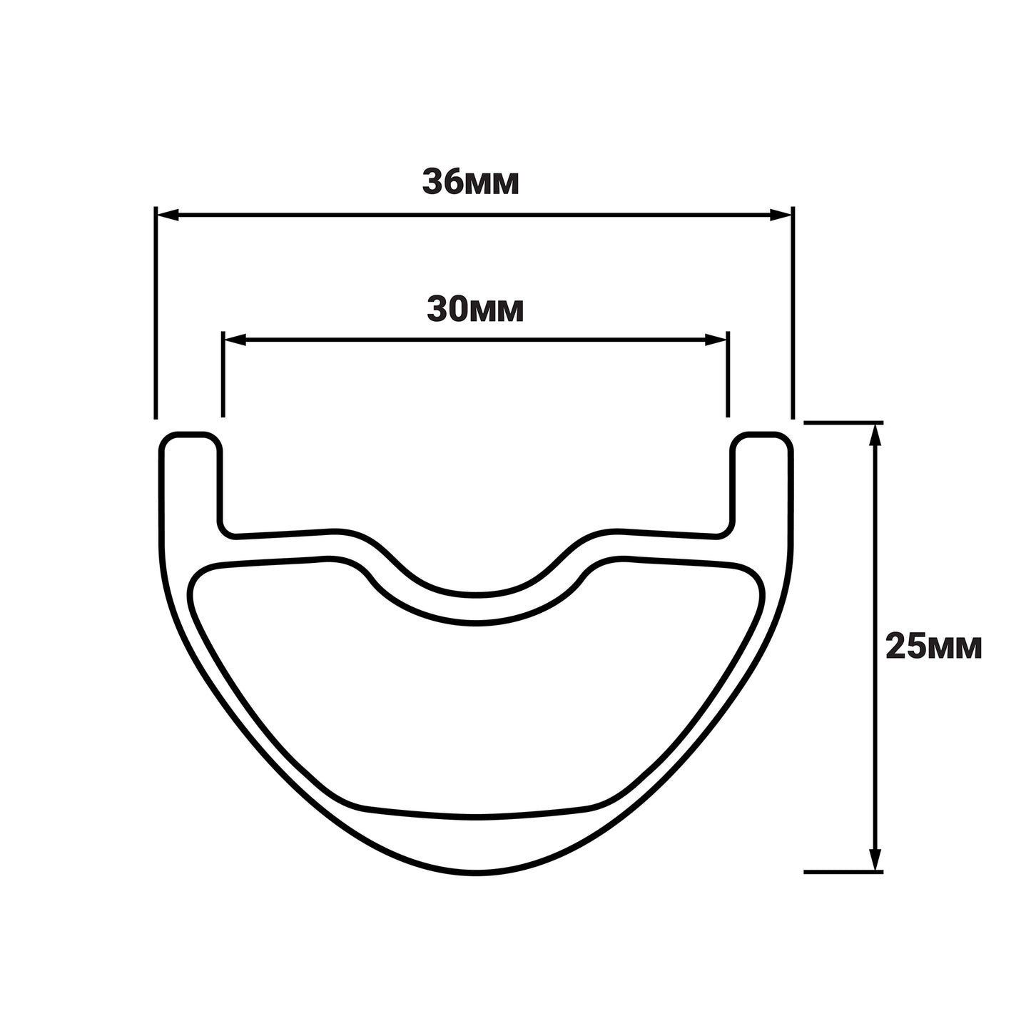 Teraval Fluent Carbon Rim cross-section showing internal width of 30mm, outer width of 36mm, and depth of 25mm