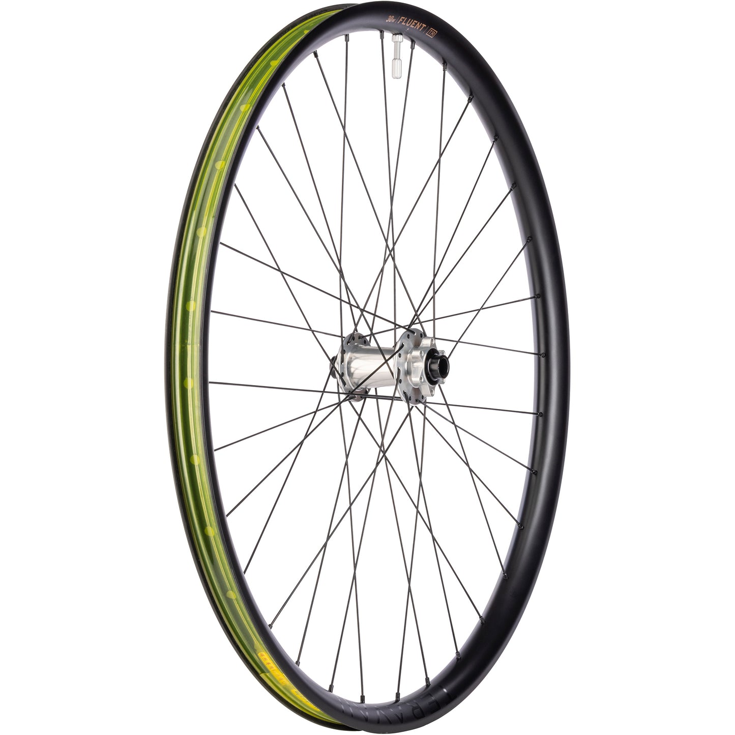 Bicycle wheel with yellow rim tape on a white background