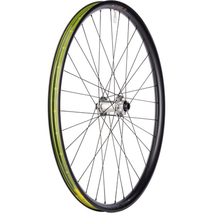 Bicycle wheel with yellow rim tape on a white background