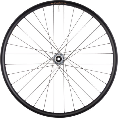 Bicycle wheel with black rim and white spokes on a white background