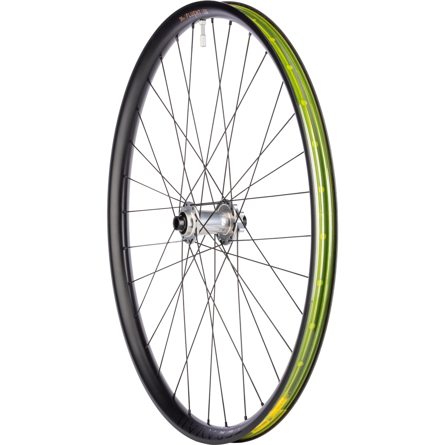 Bicycle wheel with black rim and yellow rim tape on a white background