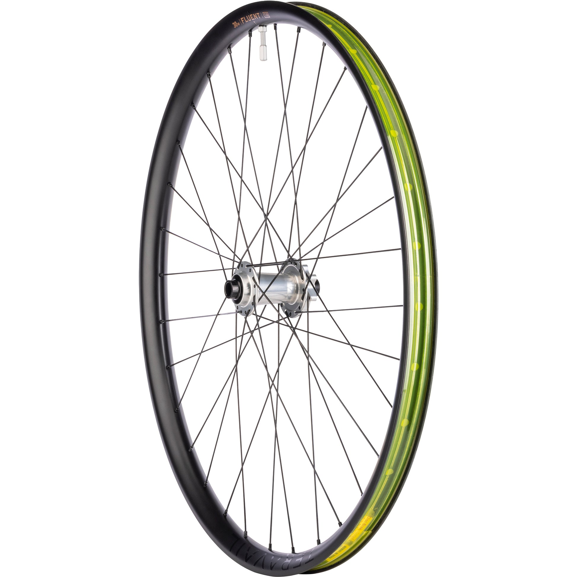 Bicycle wheel with black rim and yellow rim tape on a white background