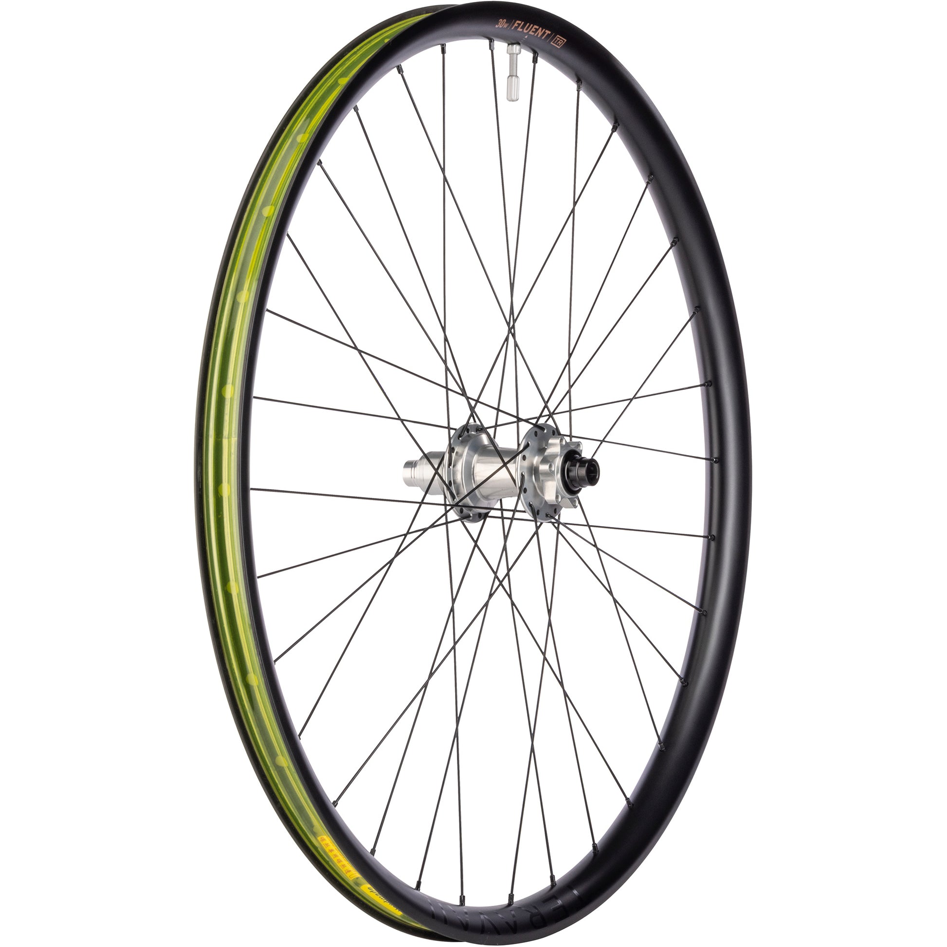 Bicycle wheel with black rim and yellow rim tape on a white background