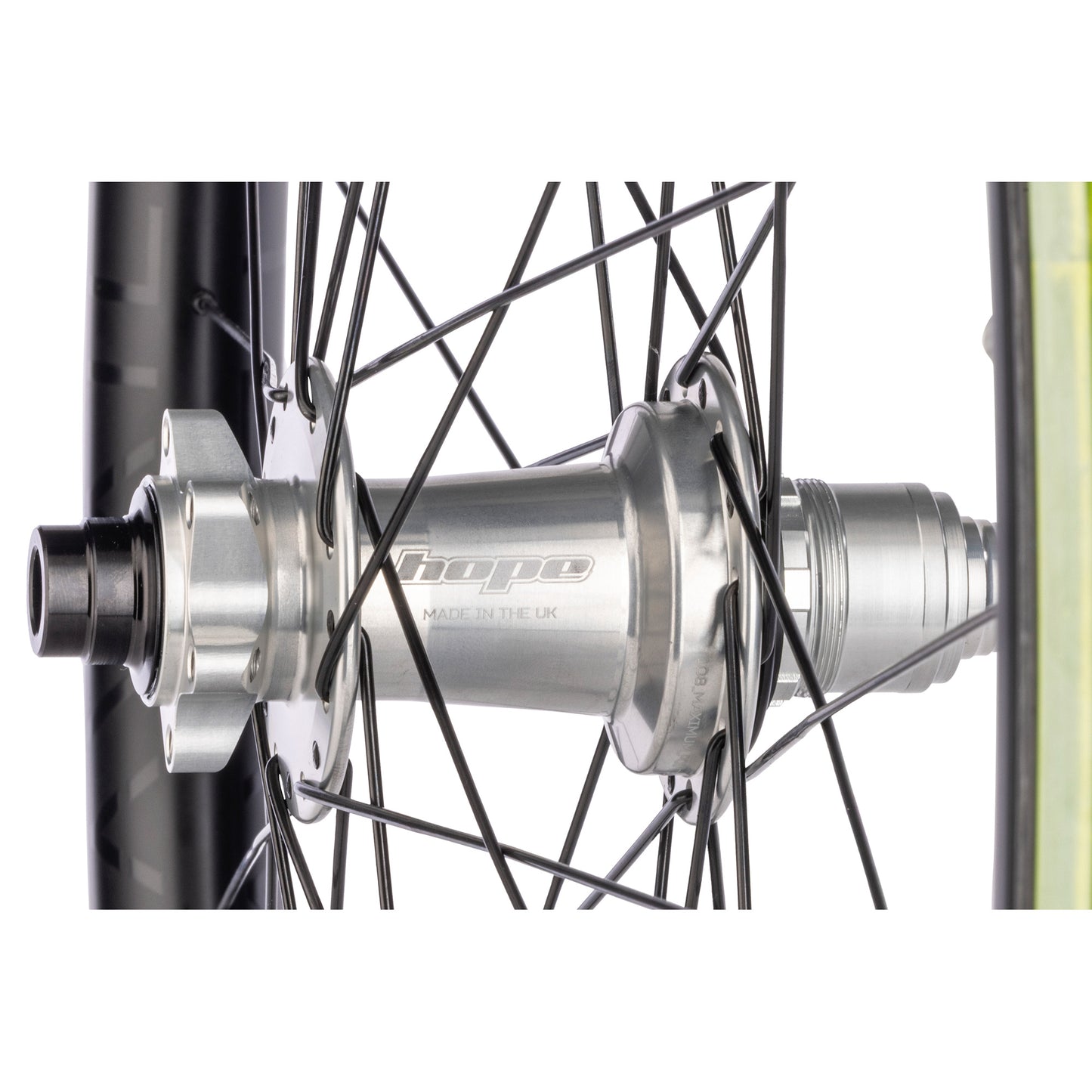 Close-up of a bicycle hub with 'hope' branding on a white background
