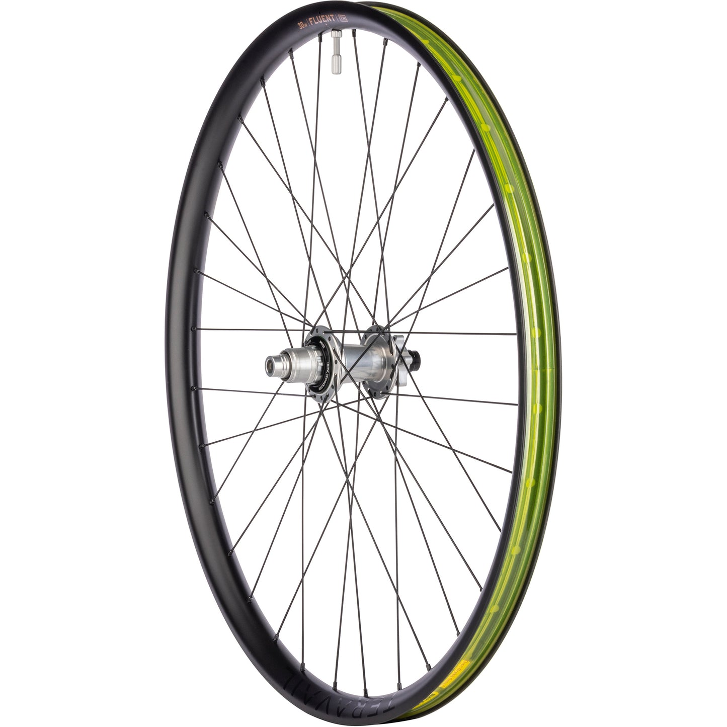 Bicycle wheel with black rim and yellow rim tape on a white background