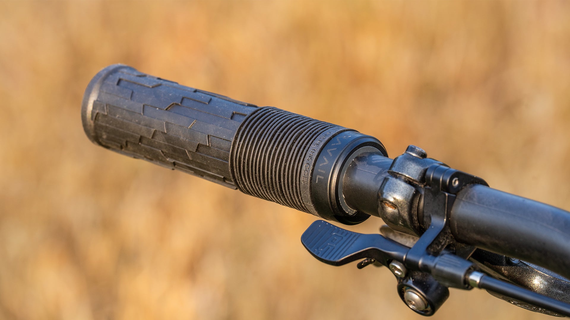 Close-up of a black Teravail Lytho Grip with a blurred natural background
