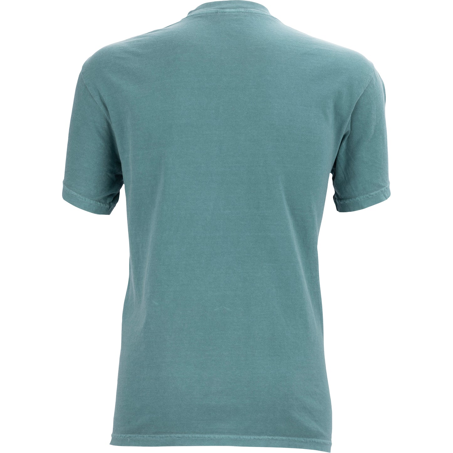 Back view of a teal t-shirt on a white background