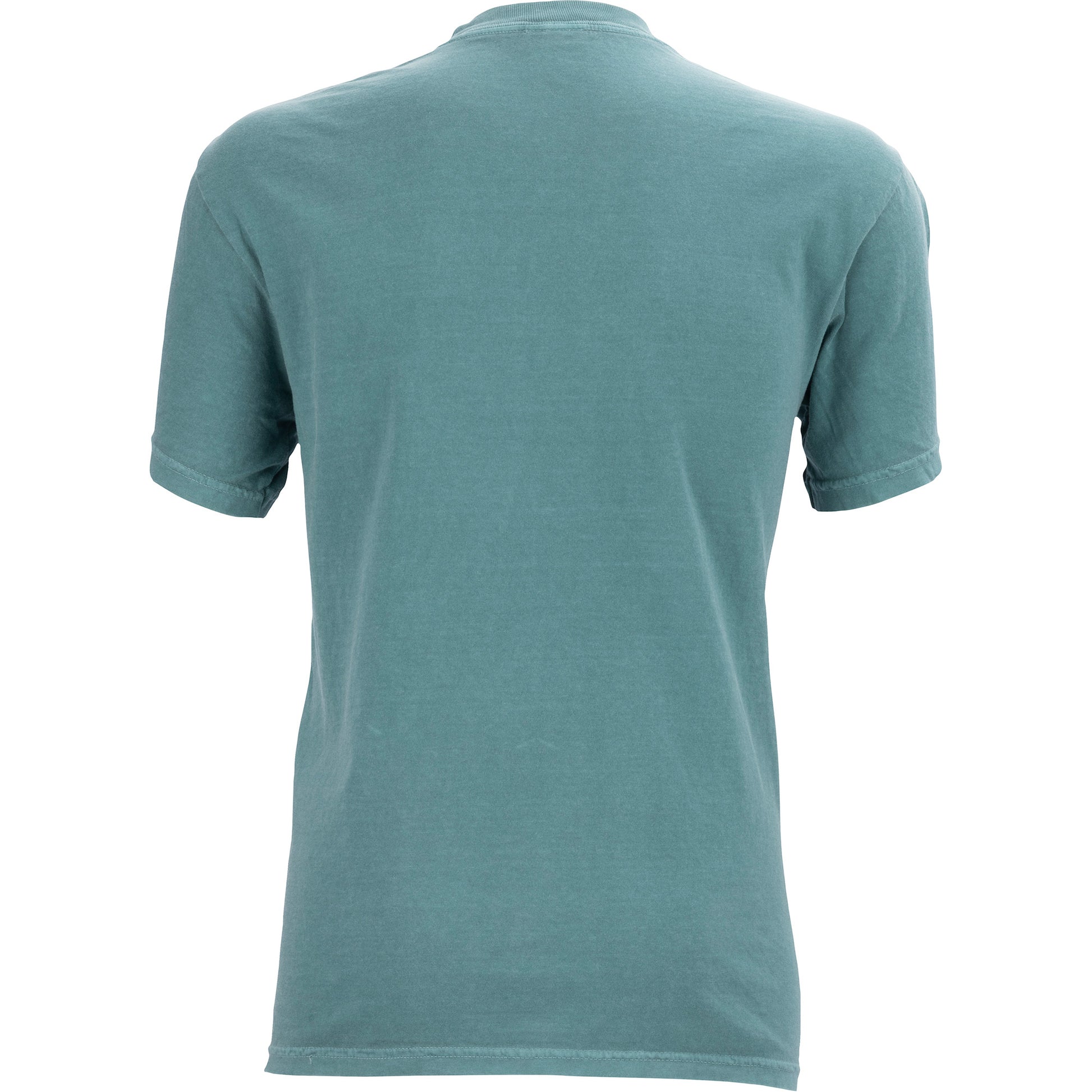 Back view of a teal t-shirt on a white background