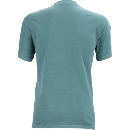 Back view of a teal t-shirt on a white background