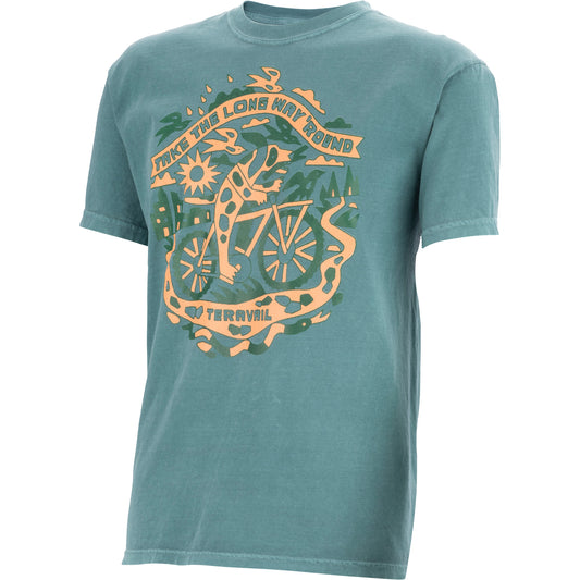 Teal t-shirt with a bicycle graphic and text on a white background