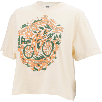 Beige t-shirt with a bicycle graphic and text on a white background