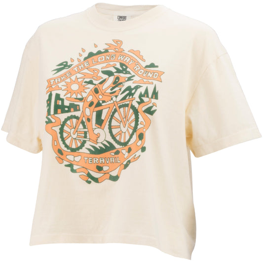 Beige t-shirt with a bicycle graphic and text on a white background