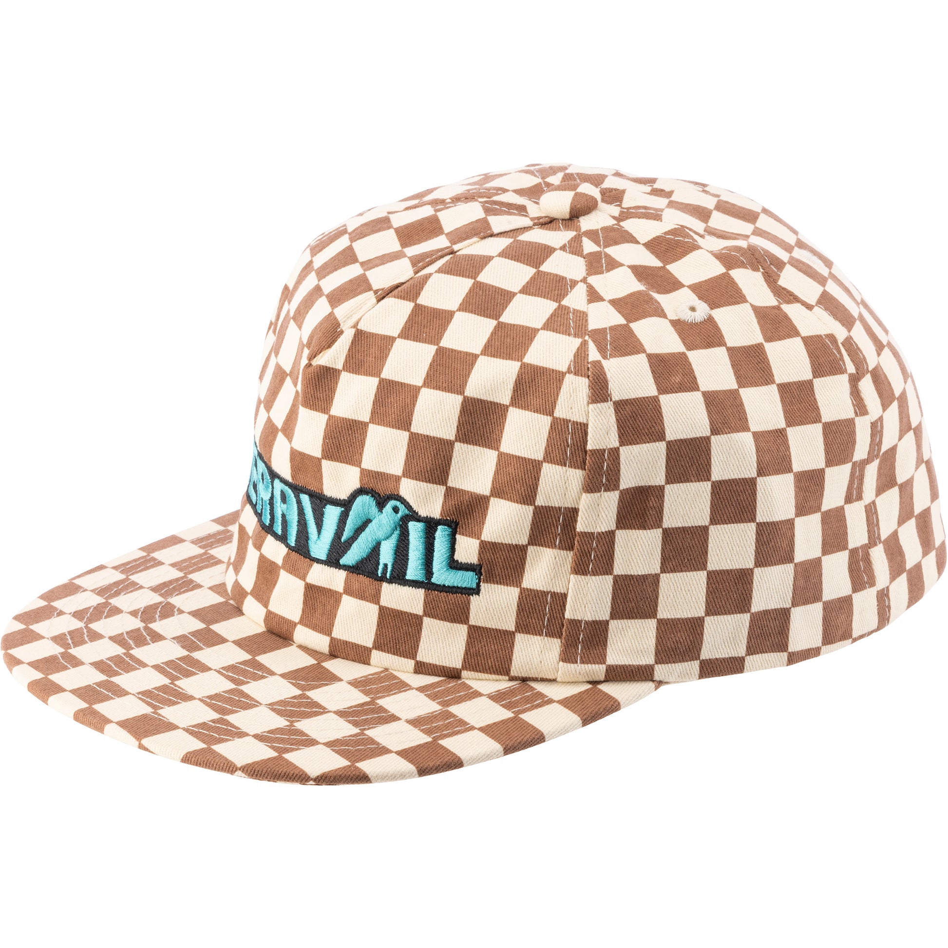 Checkered cap with a brand logo on a white background