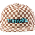 Checkered cap with 'Teravail' logo on a white background