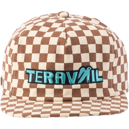 Checkered cap with 'Teravail' logo on a white background