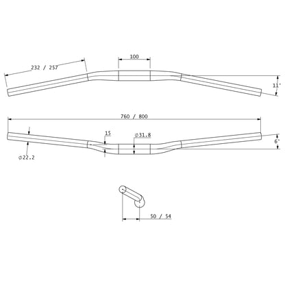 Technical drawing of Lytho Carbon Bar with measurements on a white background