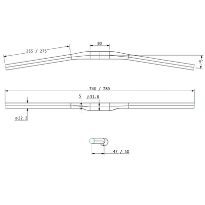 Technical drawing of Mica Carbon Bar with dimensions
