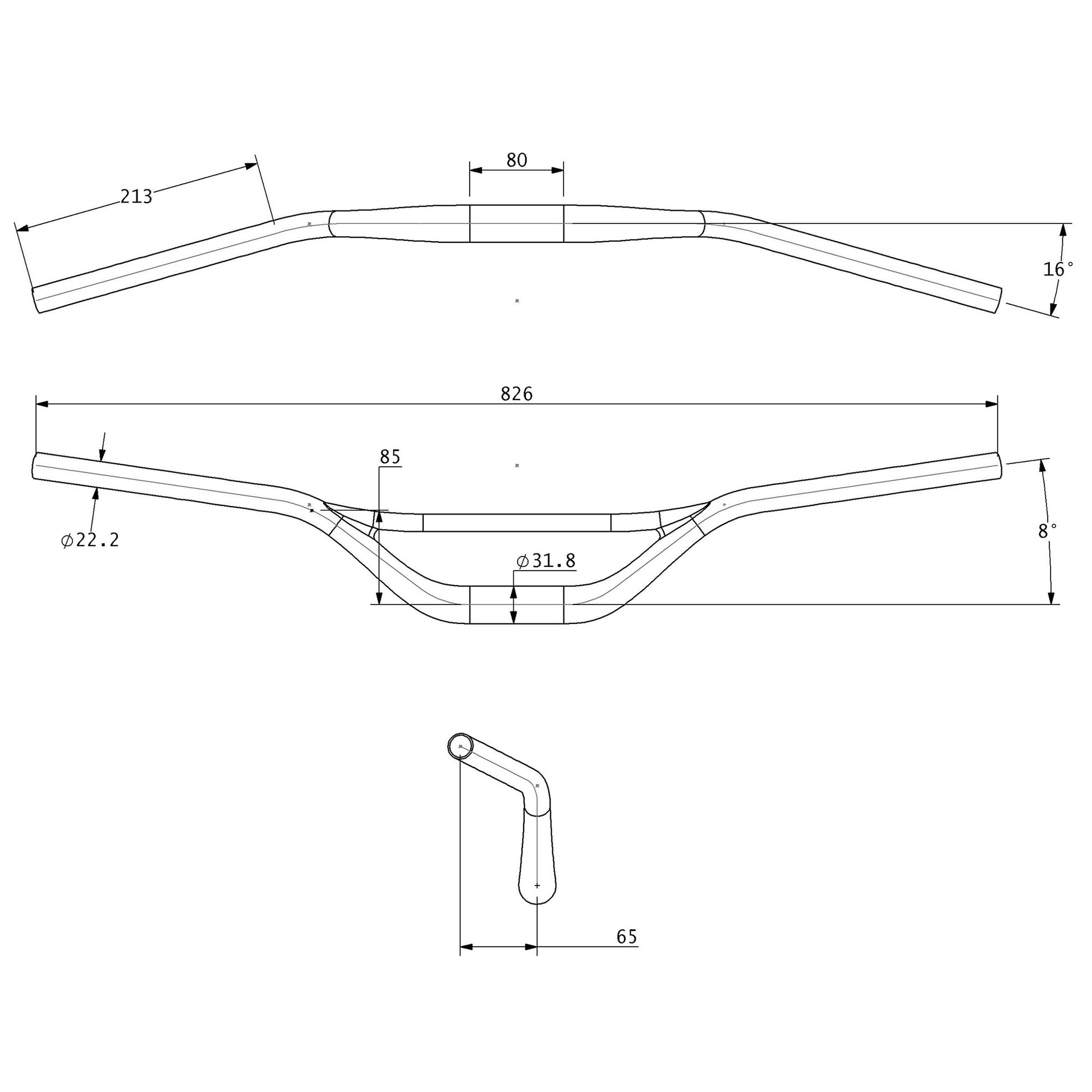 Technical drawing of Moonstone Carbon handlebar with dimensions
