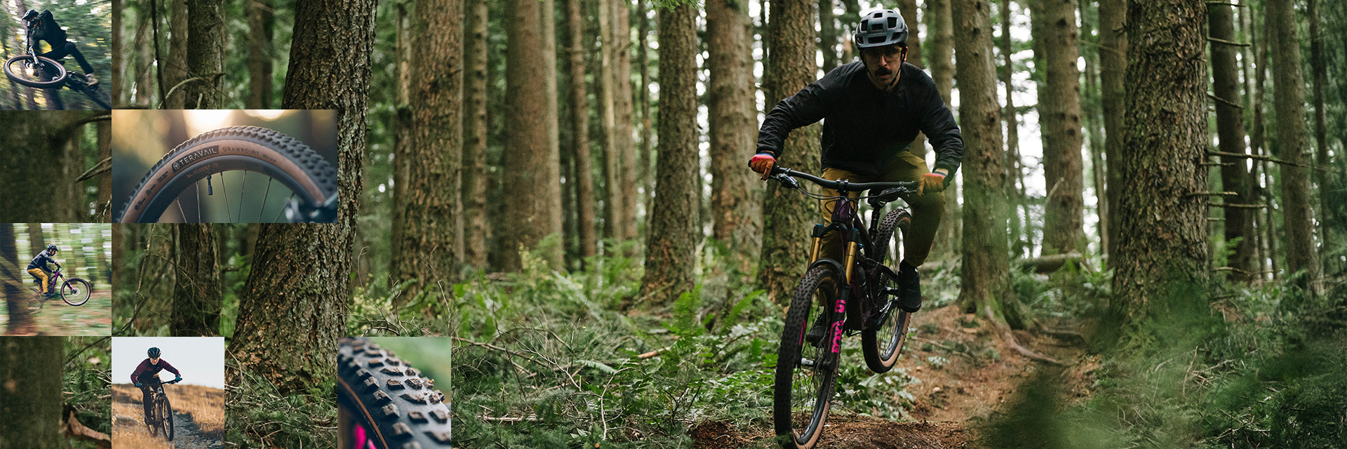 Mountain biker riding loamy forest trail with collage images of mountain tires in use