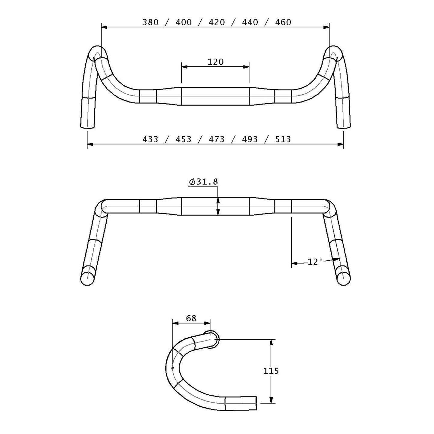 Technical drawing of a bicycle handlebar with dimensions