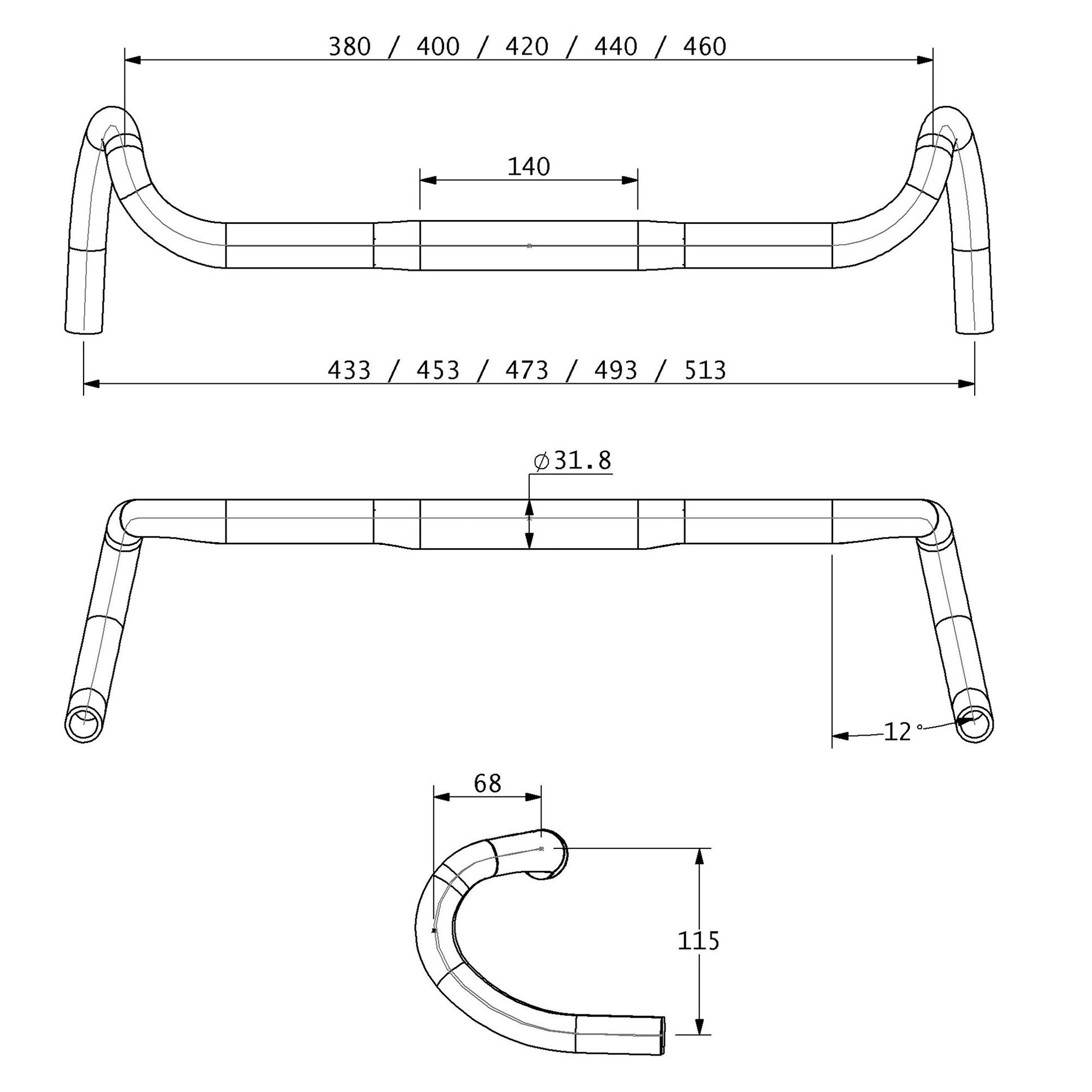 Technical drawing of a bicycle handlebar with dimensions