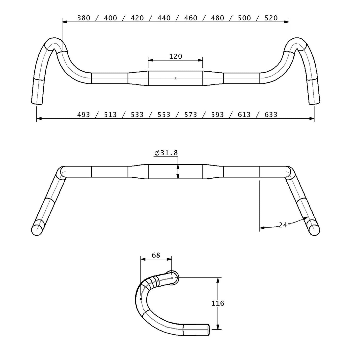 Technical drawing of Radia 24 alloy handlebar with dimensions