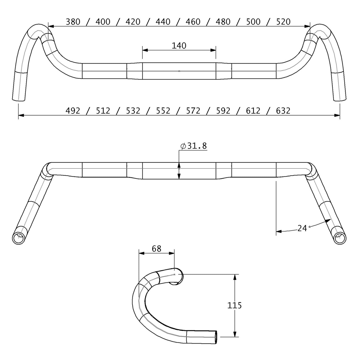 Technical drawing of Radia 24 Carbon handlebars with dimensions