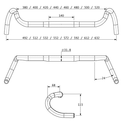 Technical drawing of Radia 24 Carbon handlebars with dimensions