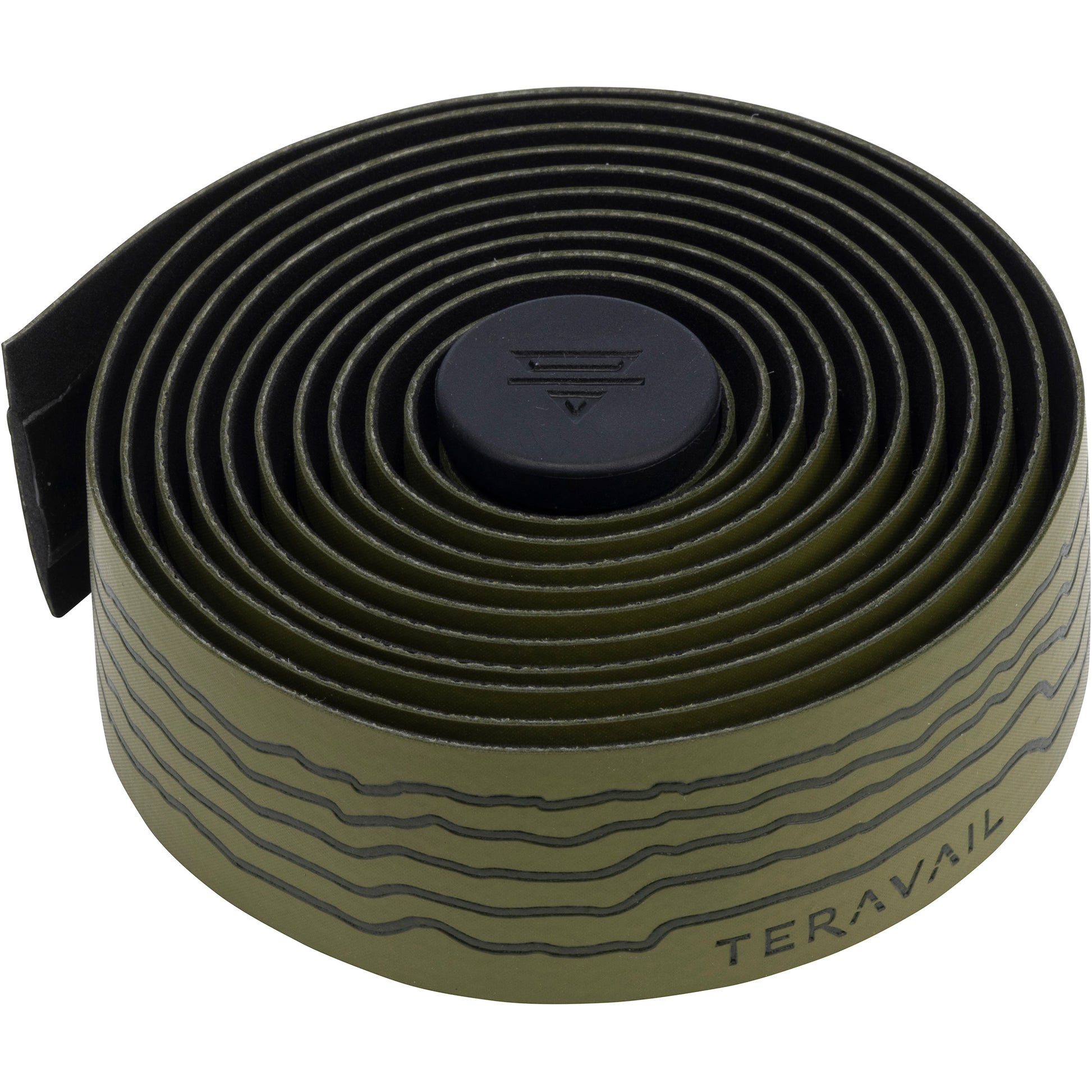 Green roll of Teravail bicycle handlebar tape on a white background