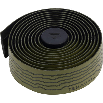Green roll of Teravail bicycle handlebar tape on a white background