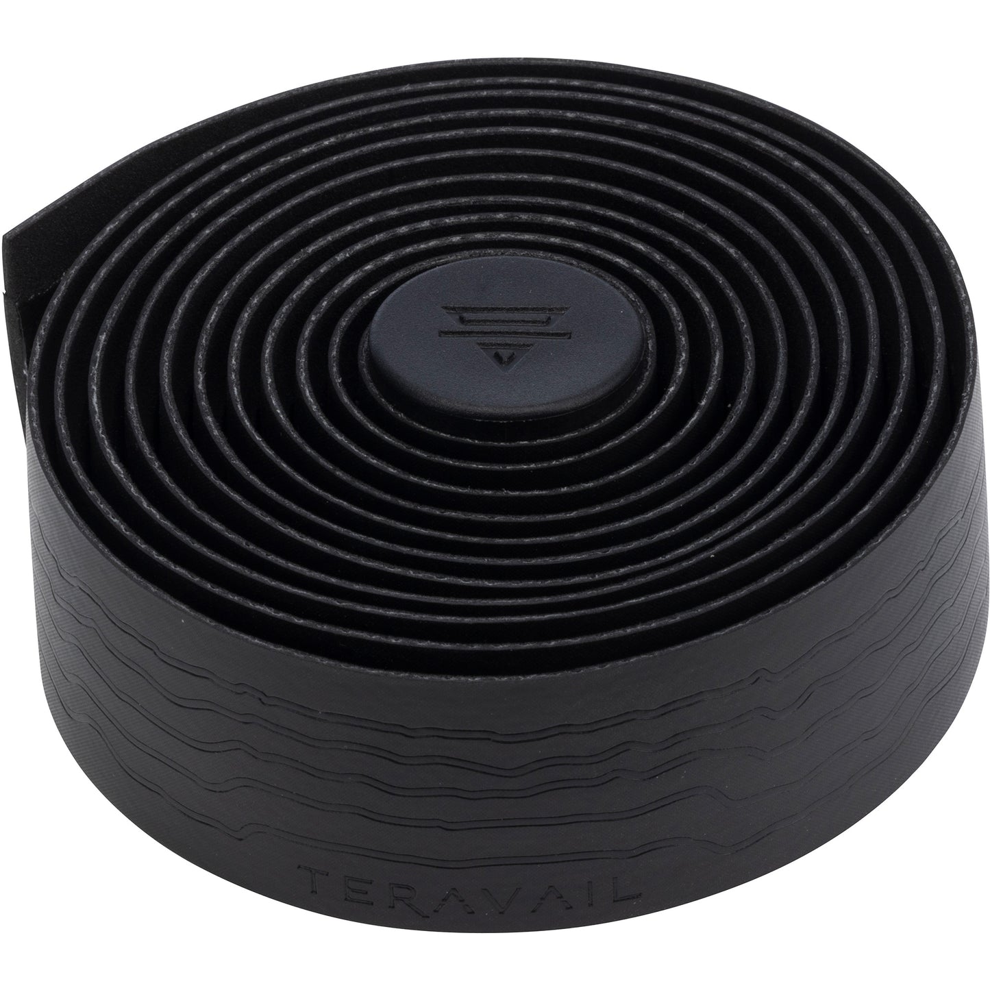 Black roll of Teravail bicycle handlebar tape on a white background