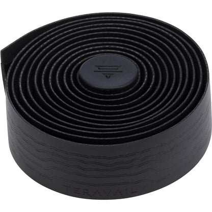 Black roll of Teravail bicycle handlebar tape on a white background