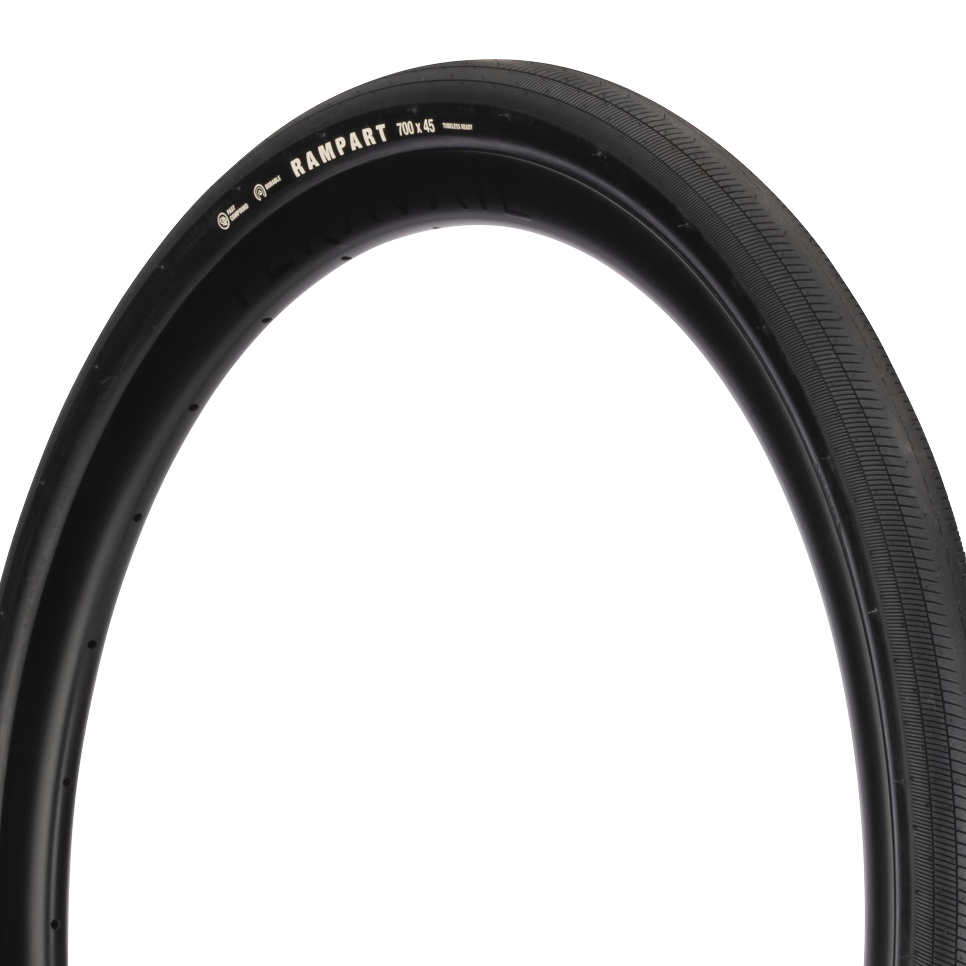 Black bicycle tire with 'Rampart' branding on a white background