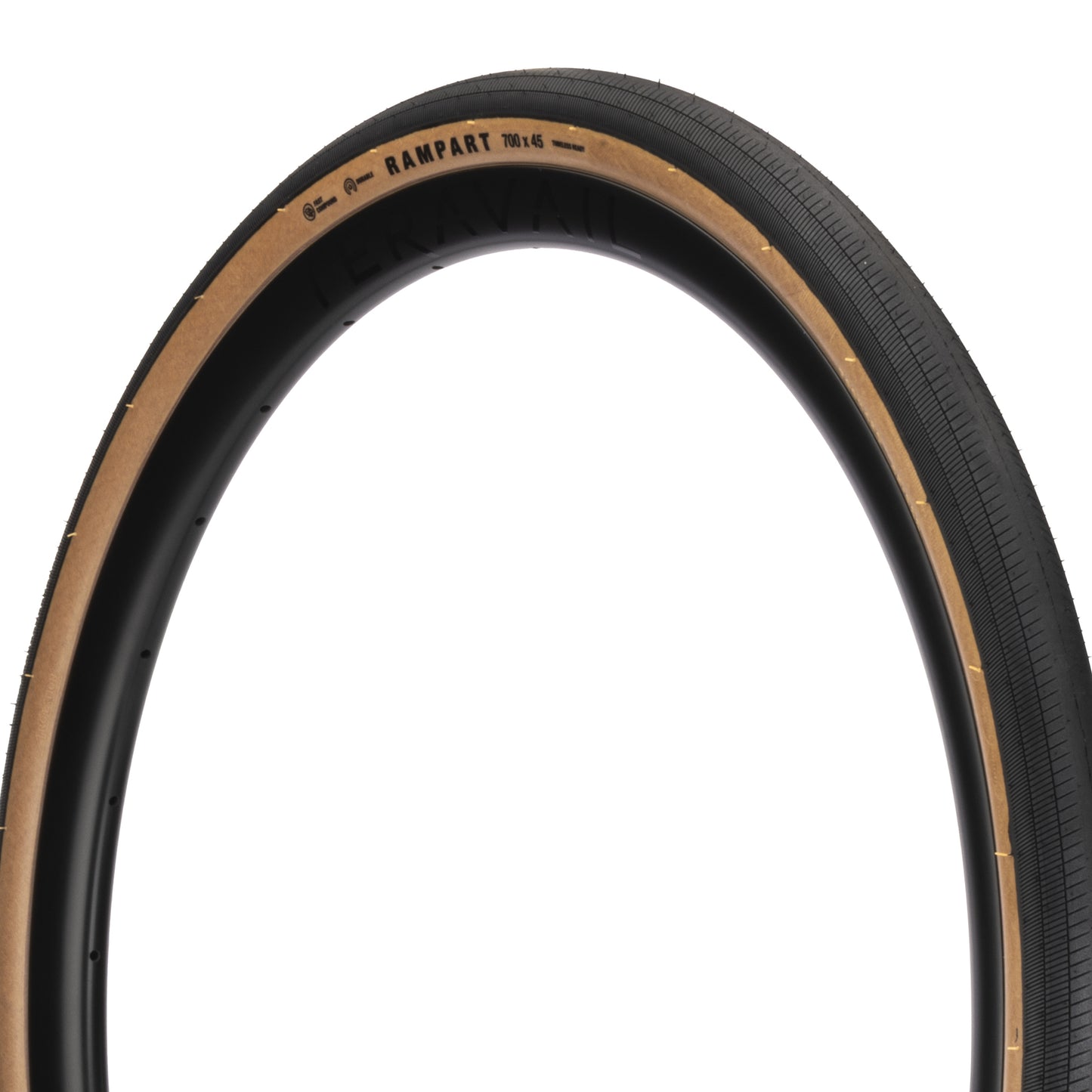 Bicycle tire with tan sidewall on a white background