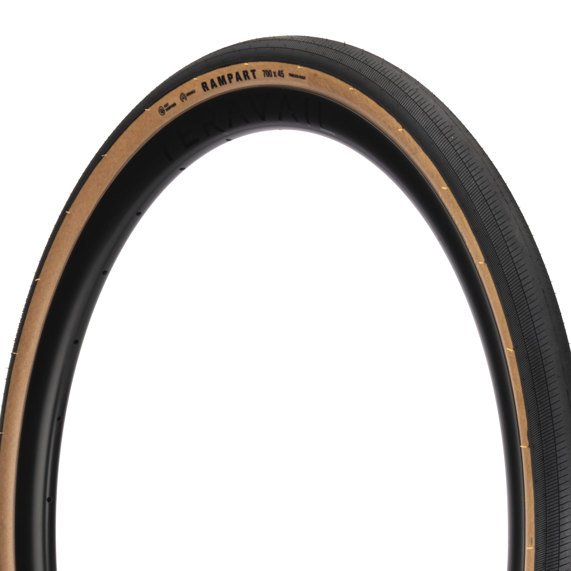 Bicycle tire with tan sidewall on a white background