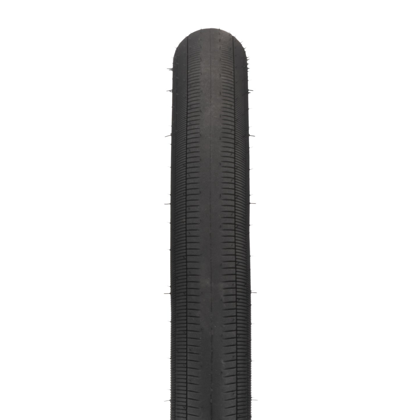 Black tire with tread pattern on a white background