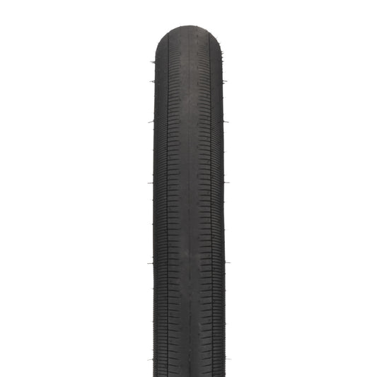Black tire with tread pattern on a white background