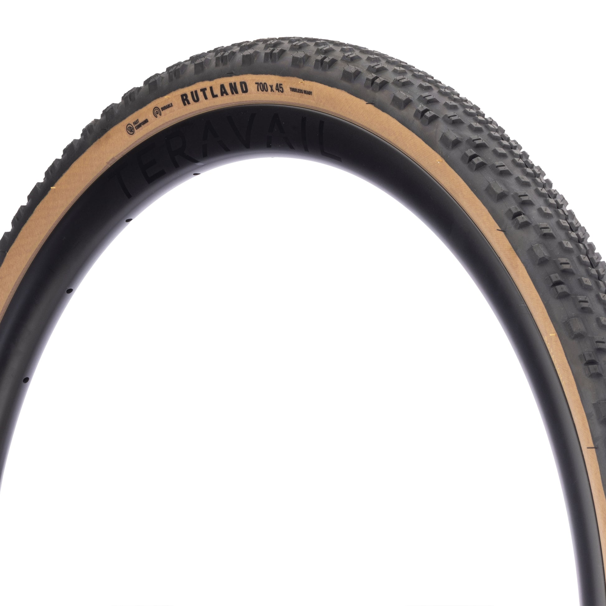 Teravail Rutland Gen 2 Tire three-quarter view showing tan sidewall on white background
