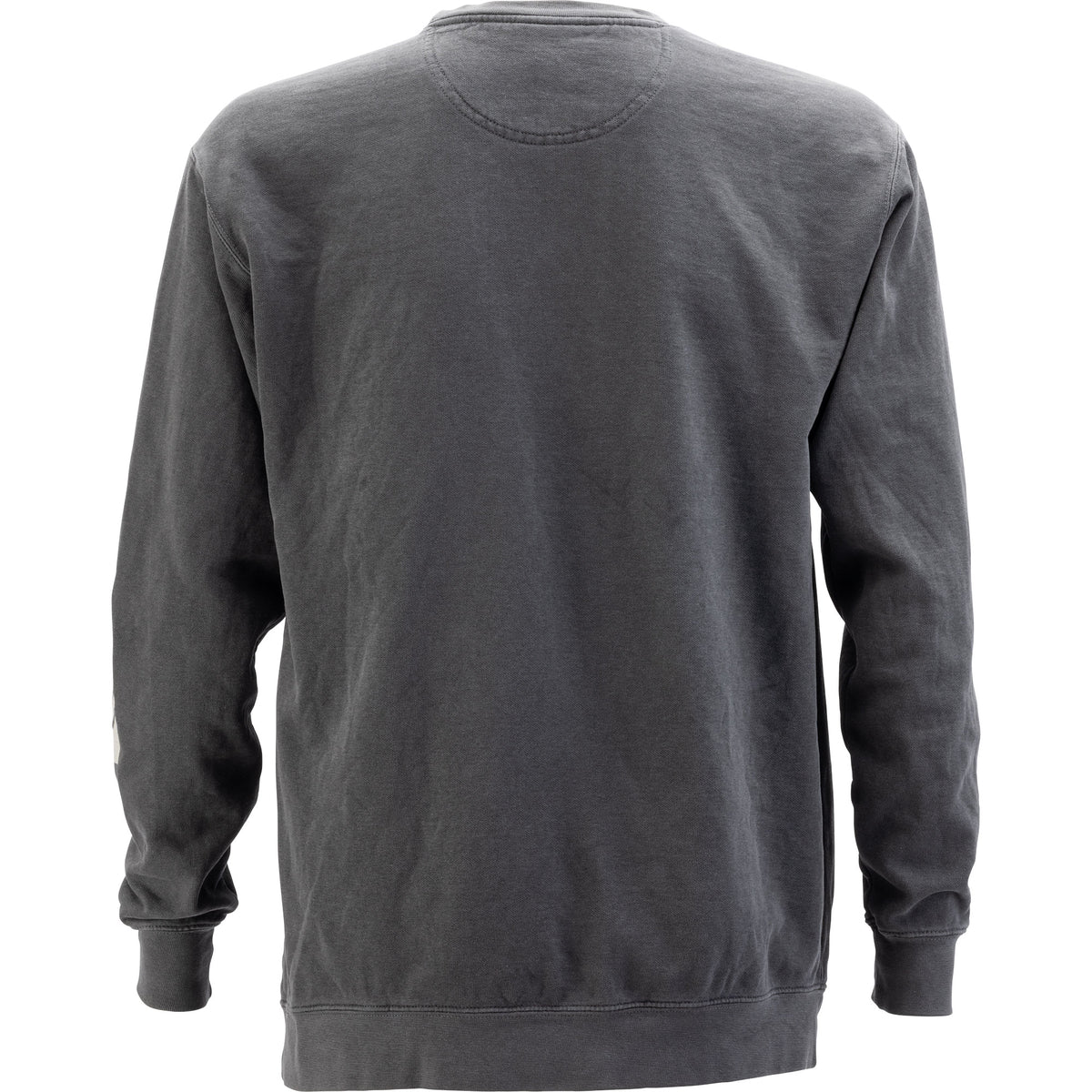 A dark gray long-sleeve crewneck sweatshirt shown from the back, featuring a faded wash texture and ribbed cuffs and hem, set against a plain white background.