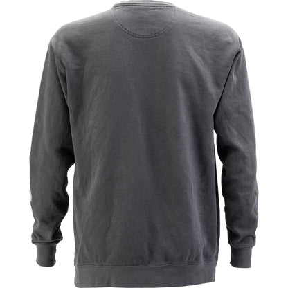 A dark gray long-sleeve crewneck sweatshirt shown from the back, featuring a faded wash texture and ribbed cuffs and hem, set against a plain white background.