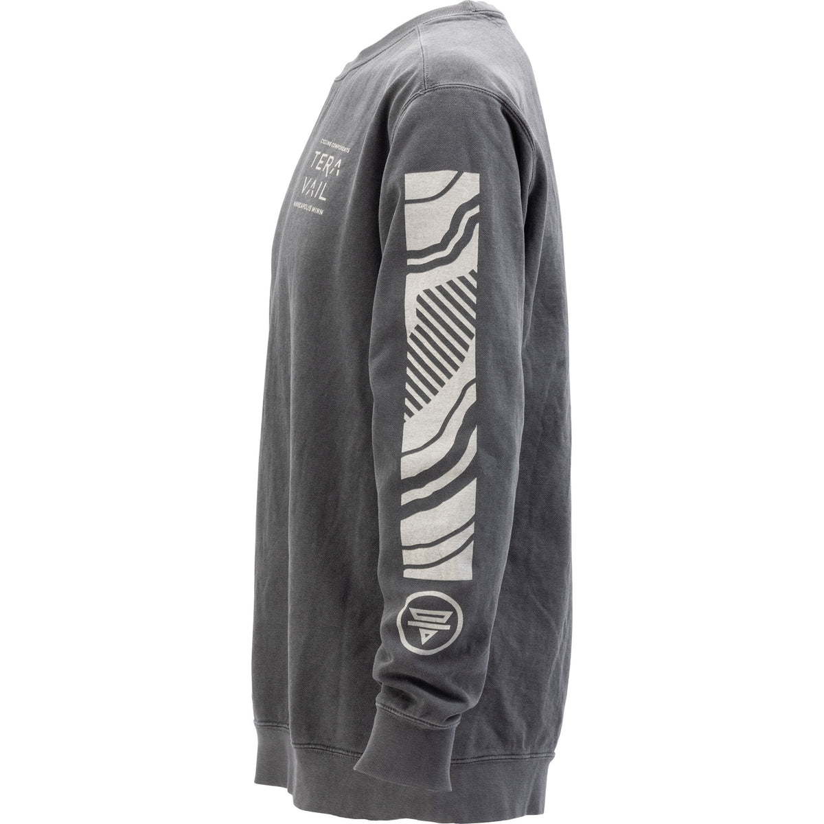 A dark gray washed crewneck sweatshirt shown from the side profile, featuring a white and gray graphic pattern on the right sleeve and a small white graphic on the left chest.