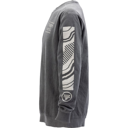 A dark gray washed crewneck sweatshirt shown from the side profile, featuring a white and gray graphic pattern on the right sleeve and a small white graphic on the left chest.